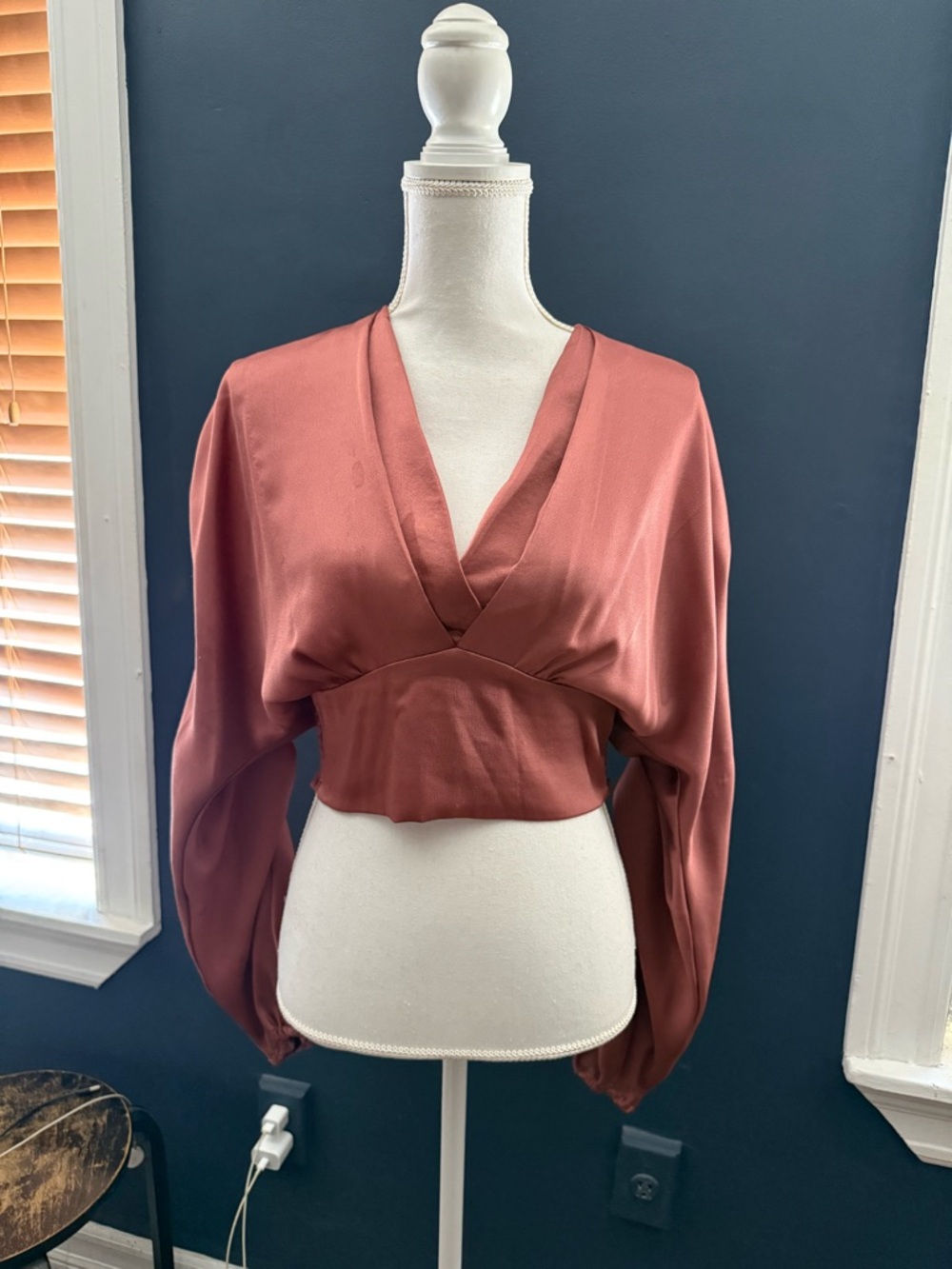 Fashion Nova Rust Satin V-Neck Cropped Blouse
